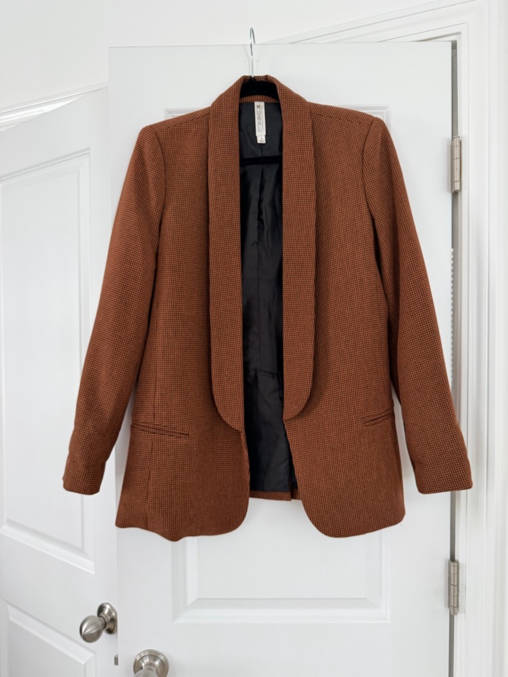 Mural Rust Brown Houndstooth Open-Front Blazer